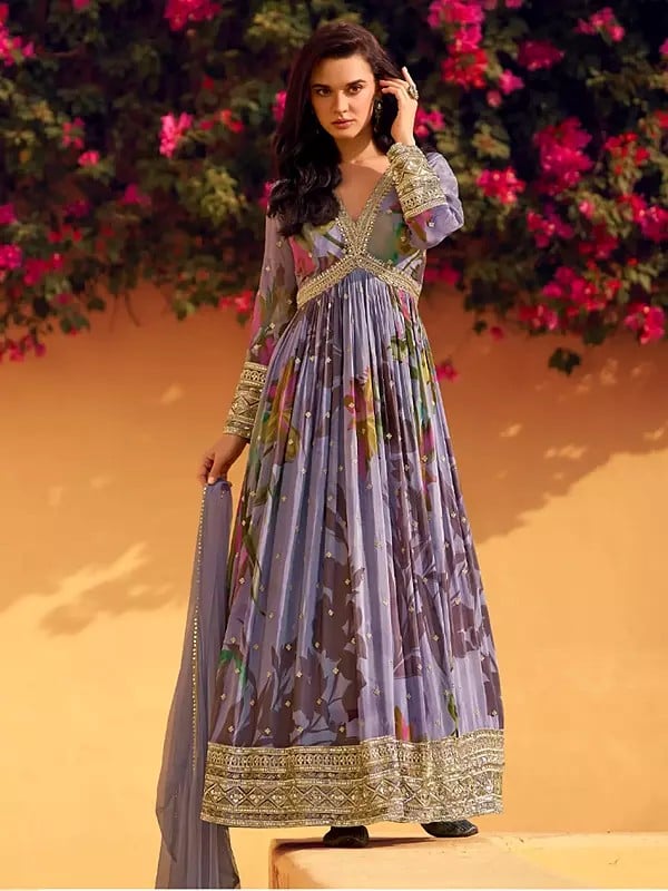 exotic india Chinon Floral Print Thread Embroidery Work Attractive Anarkali Gown For Festive Occasion 