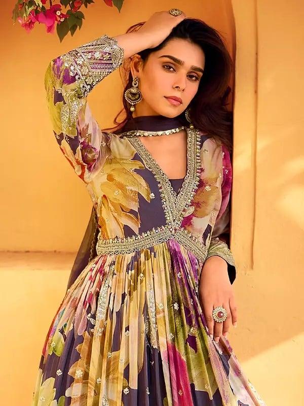 Exotic India Chinon Multicolor All Over Floral Print And Embroidery Work Anarkali Gown With Dupatta