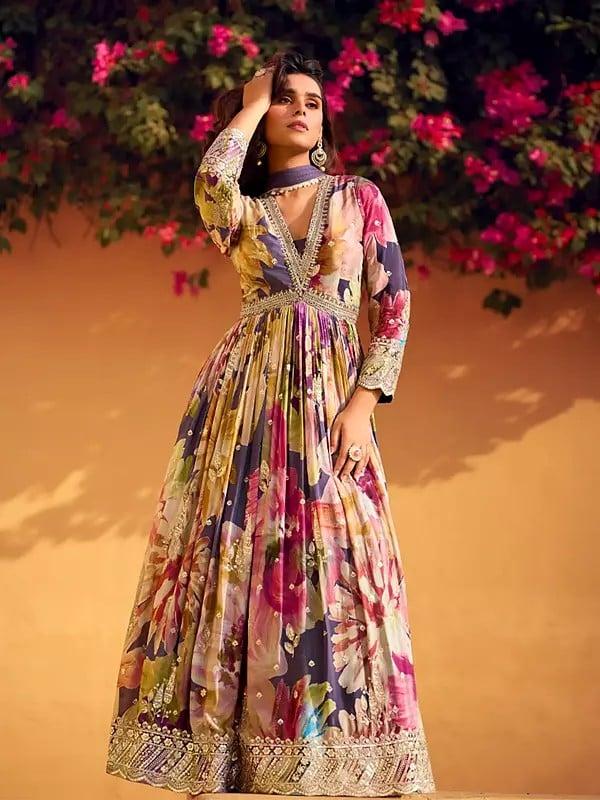 exotic india Chinon Multicolor All Over Floral Print And Embroidery Work Anarkali Gown With Dupatta 