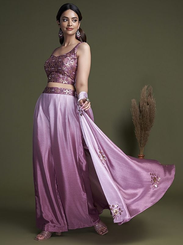 Exotic India Chinon Ombre Palazzo Crop-Top Suit And Floral Motif Embroidered Jacket 