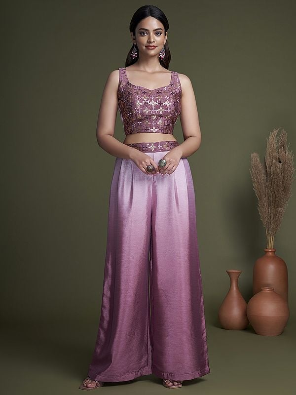 Exotic India Chinon Ombre Palazzo Crop-Top Suit And Floral Motif Embroidered Jacket 