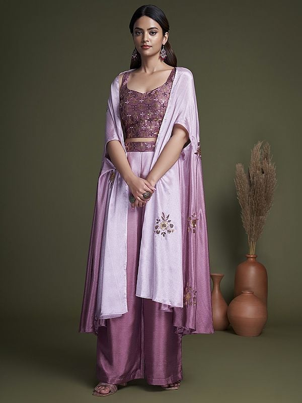 exotic india Chinon Ombre Palazzo Crop-Top Suit and Floral Motif Embroidered Jacket 