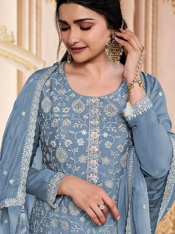 Exotic India Chinon Silk All Over Sequins Work Attractive Festive Wear Salwar Suit With Tassels Dupatta 