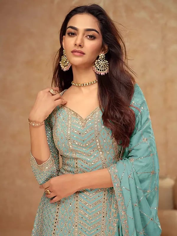 Exotic India Chinon Thread Embroidery And Sequins Work Festive Wear Palazzo Suit With Matching Dupatta 