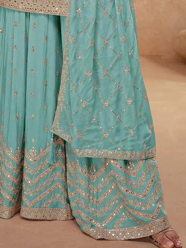 Exotic India Chinon Thread Embroidery And Sequins Work Festive Wear Palazzo Suit With Matching Dupatta 