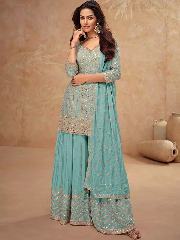 exotic india Chinon Thread Embroidery And Sequins Work Festive Wear Palazzo Suit With Matching Dupatta 