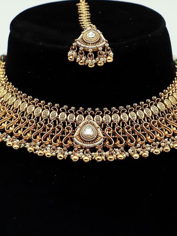 Exotic India Choker Beaded And Stone Studded Attractive Necklace With Earrings And Mangtika