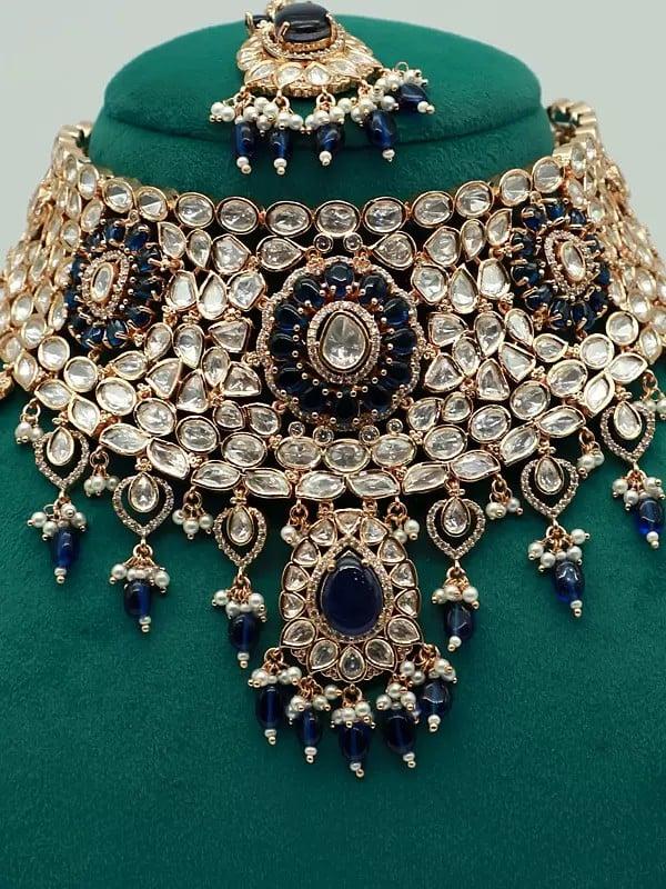 Exotic India Choker Design Elegant Stone Studded And Beaded Necklace With Earrings And Mangtika 