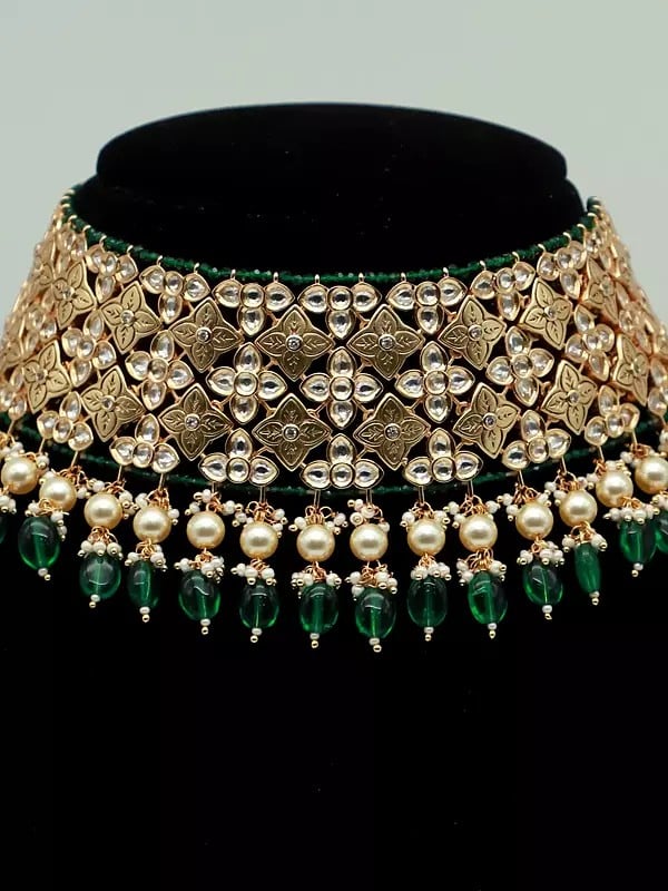Exotic India Choker Design Necklace Set With Drop Beads And Earrings
