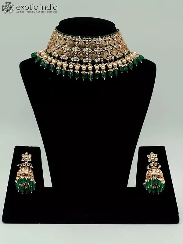 exotic india Choker Design Necklace Set With Drop Beads And Earrings