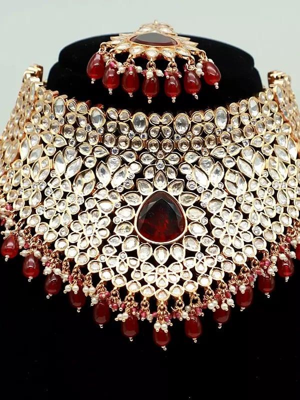 Exotic India Choker Design Stone Studded And Beaded Necklace With Matching Earrings And Mangtika