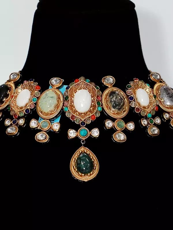 Exotic India Choker Stone Studded Embellished Necklace Set With Earrings