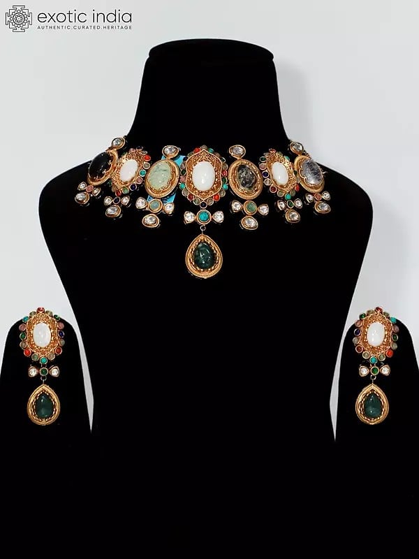 exotic india Choker Stone Studded Embellished Necklace Set With Earrings