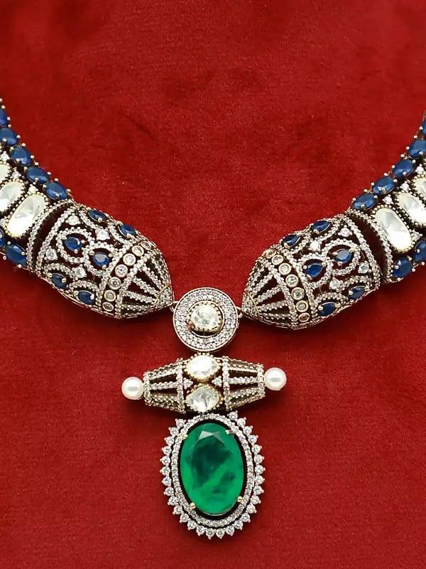 Exotic India Choker Stone Studded Moissanite Kundan With Matt Polish Necklace With Earrings 