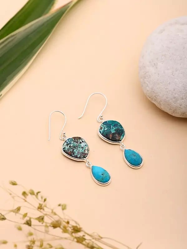 Exotic India Chrysocolla And Natural Turquoise Dangle Earrings