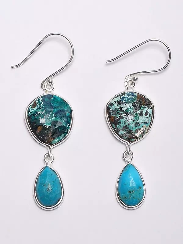 Exotic India Chrysocolla And Natural Turquoise Dangle Earrings