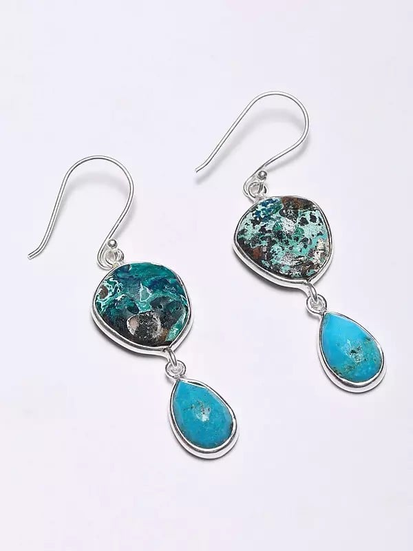 exotic india Chrysocolla and Natural Turquoise Dangle Earrings