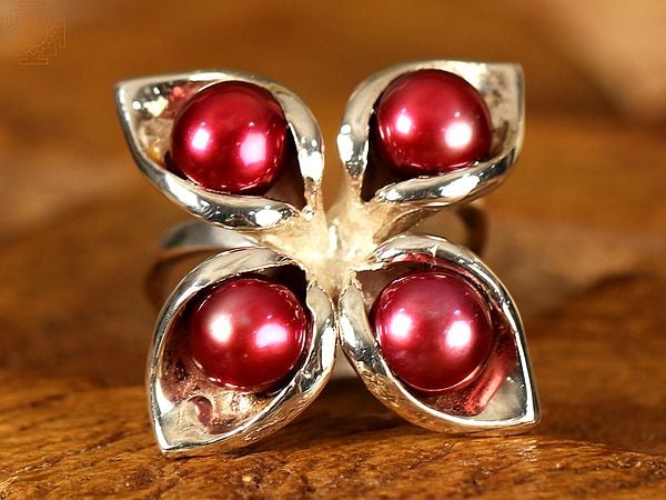 Exotic India Cinnamon Red Pearl Double Layered | Sterling Silver Rings 
