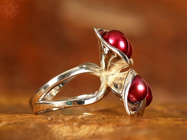 Exotic India Cinnamon Red Pearl Double Layered | Sterling Silver Rings 