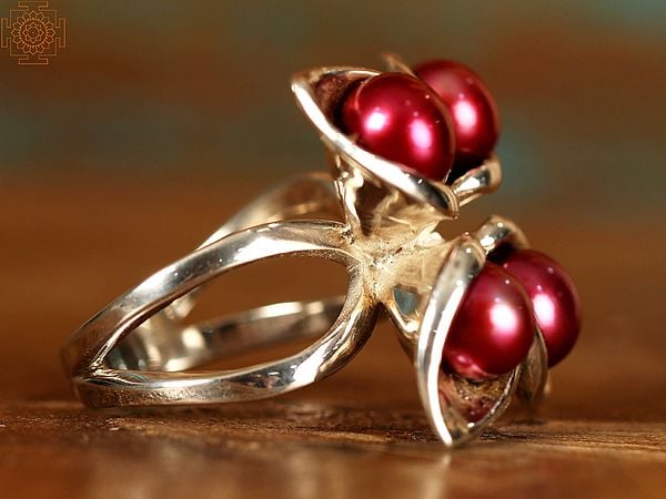 Exotic India Cinnamon Red Pearl Double Layered | Sterling Silver Rings 