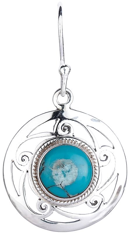Exotic India Circular Sterling Silver Earrings With Turquoise