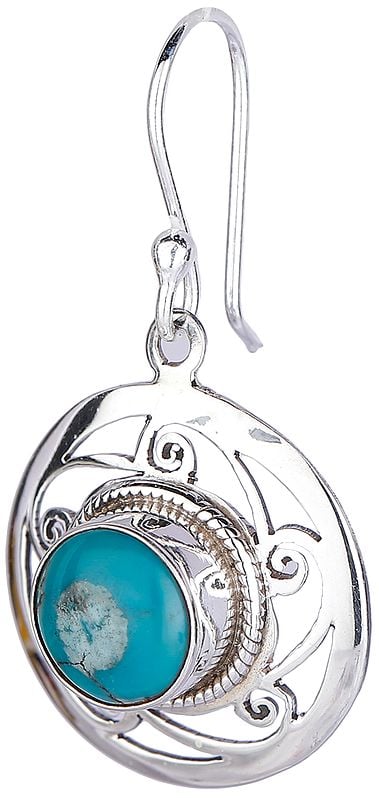 Exotic India Circular Sterling Silver Earrings With Turquoise