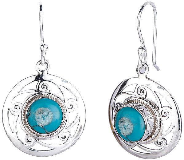 exotic india Circular Sterling Silver Earrings with Turquoise 