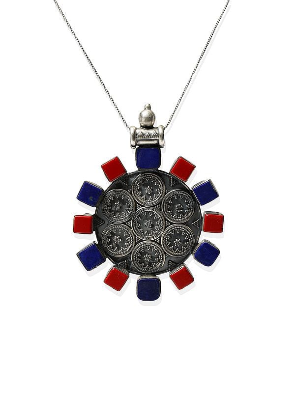 exotic india Circular Sterling Silver Pendant with Coral and Lapis Lazuli