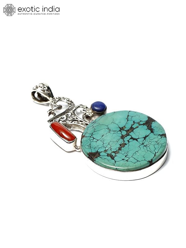 Exotic India Circular Tibetan Turquoise Pendant With Coral And Lapis Lazuli