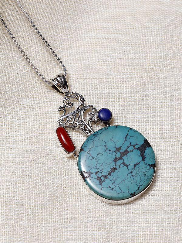 Exotic India Circular Tibetan Turquoise Pendant With Coral And Lapis Lazuli