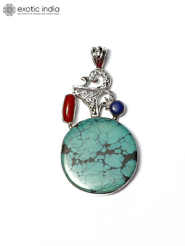 exotic india Circular Tibetan Turquoise Pendant with Coral and Lapis Lazuli