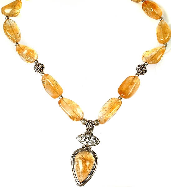 exotic india Citrine Beaded Necklace with Central Pendant | Citrine Stone Jewelry 