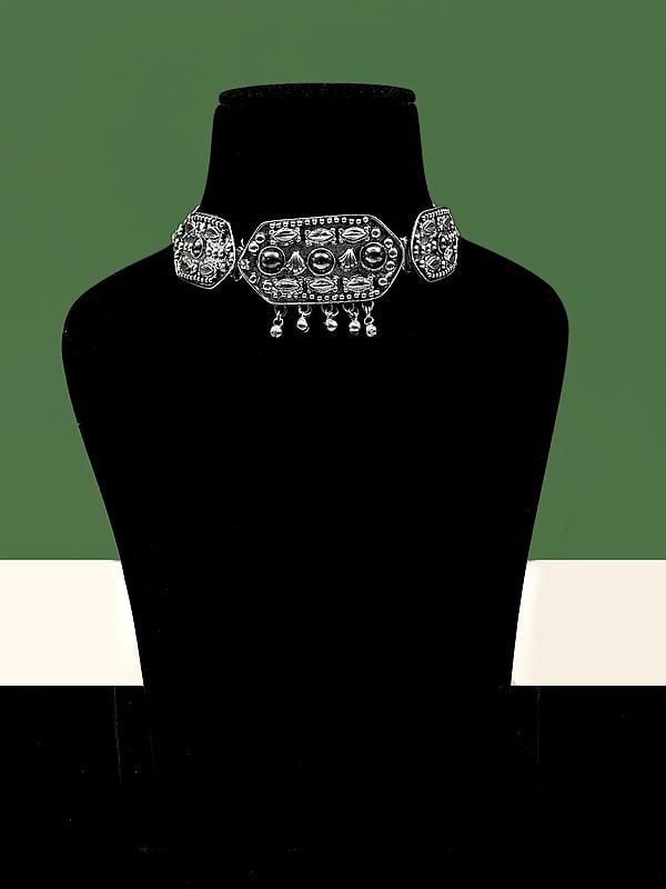 Exotic India Classy Metal Choker Necklace | White Metal Jewelry