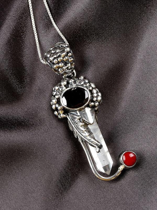 Exotic India Clear Quartz Pendant With Faceted Garnet Gemstone