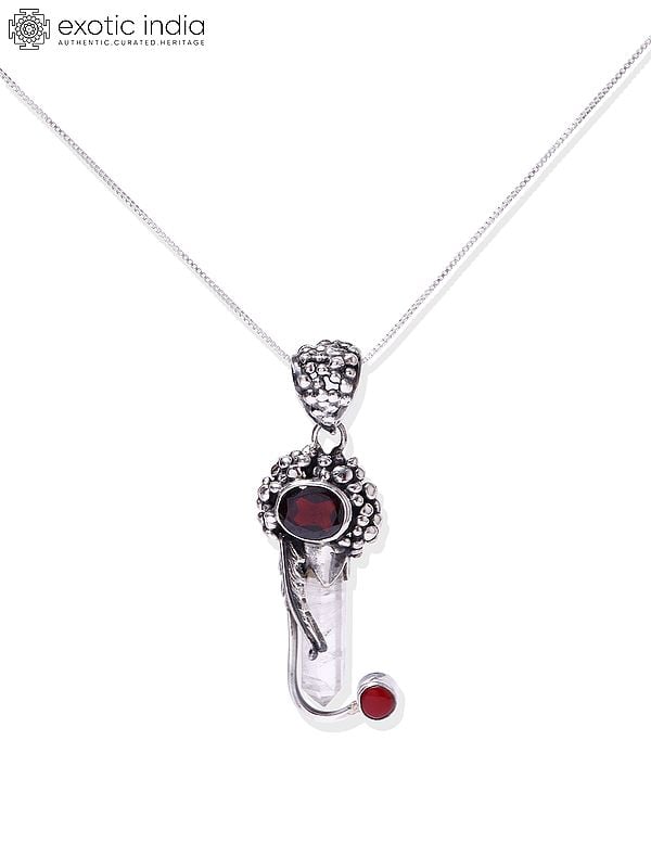 exotic india Clear Quartz Pendant with Faceted Garnet Gemstone 