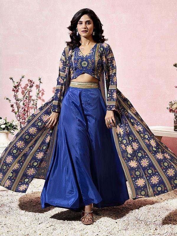 Exotic India Cloud-Burst Designer Heavy Crepe Printed Long Jacket Style Indo-Western Suit For Party Occasion 
