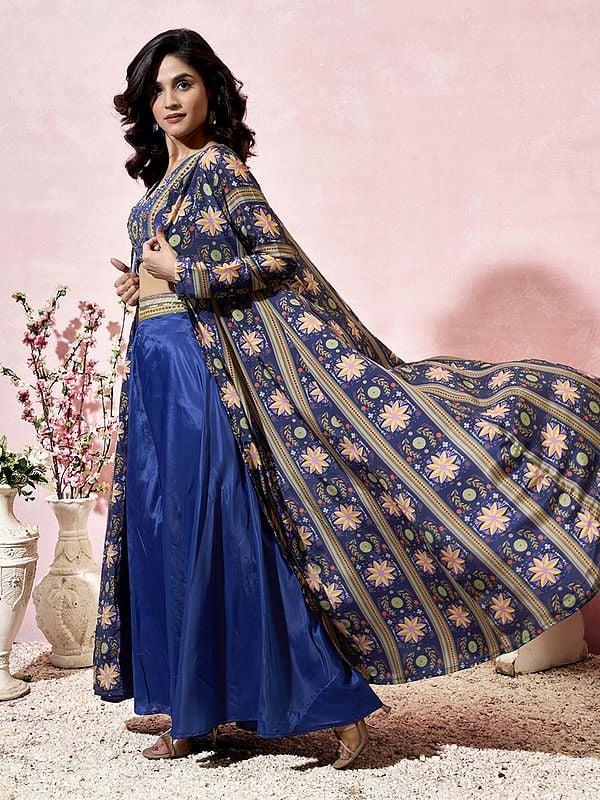 Exotic India Cloud-Burst Designer Heavy Crepe Printed Long Jacket Style Indo-Western Suit For Party Occasion 