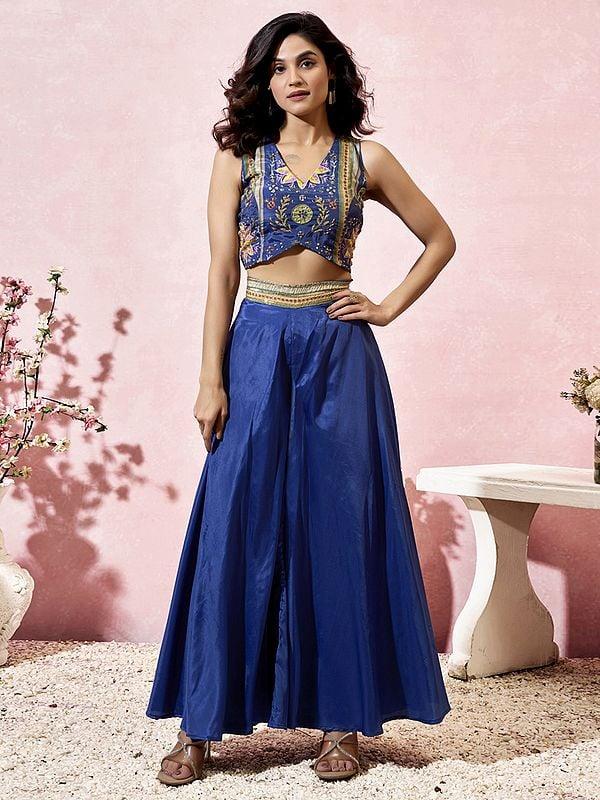 Exotic India Cloud-Burst Designer Heavy Crepe Printed Long Jacket Style Indo-Western Suit For Party Occasion 