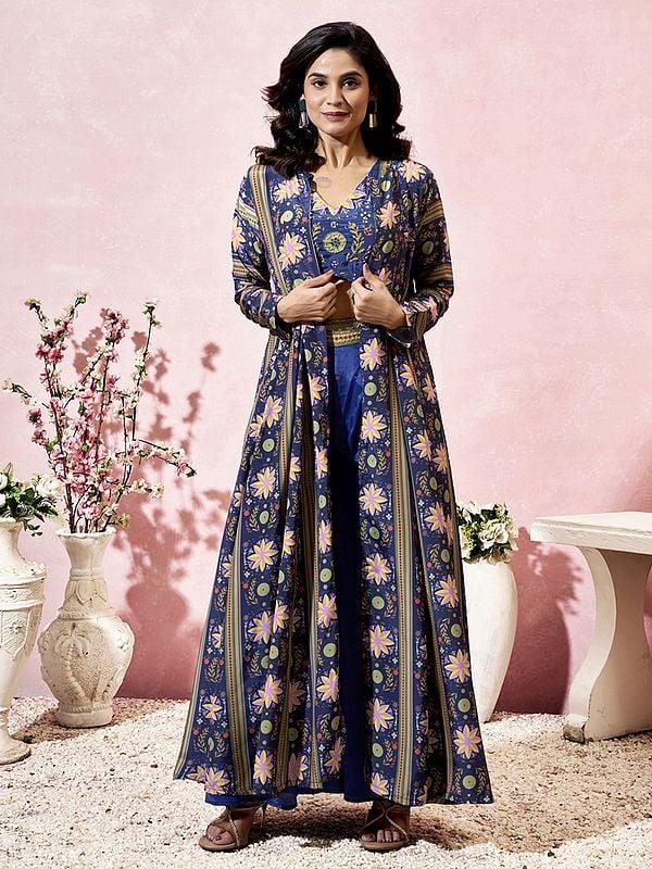 exotic india Cloud-Burst Designer Heavy Crepe Printed Long Jacket Style Indo-Western Suit For Party Occasion