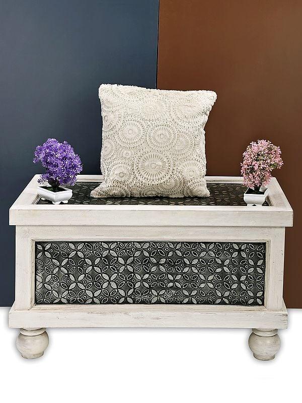 Exotic India Cloud-Cream Cushion Cover Velvet Fur Fabric With Gold Sparkle Print 