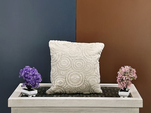 exotic india Cloud-Cream Cushion Cover Velvet Fur Fabric with Gold Sparkle Print 