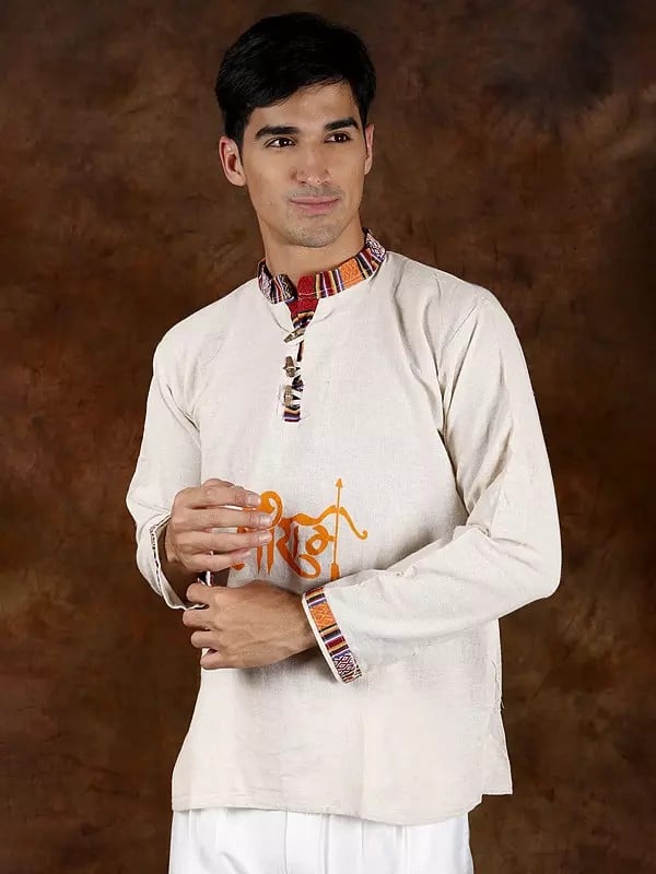 Exotic India Cloud-Cream Himachali Style Short Kurta With Printed Jai Shree Ram (Unisex) 