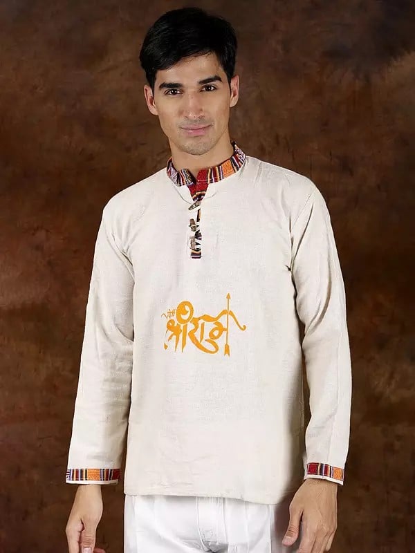 exotic india Cloud-Cream Himachali Style Short Kurta with Printed Jai Shree Ram (Unisex) 