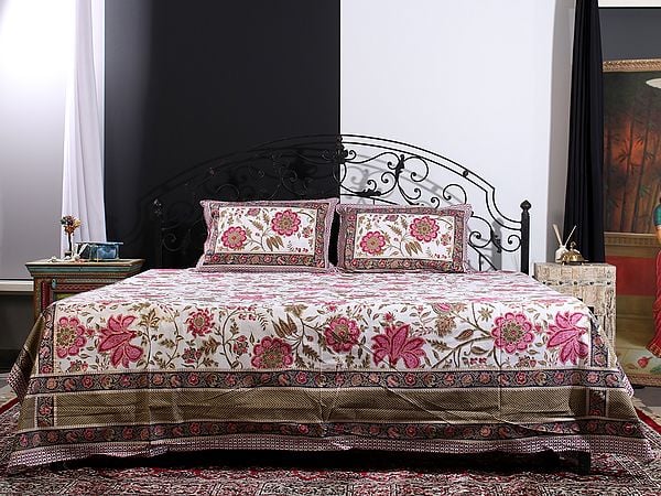 Exotic India Cloud-Cream Mughal Bold Floral Vine Motif Gold Outline Print Queen Size Bedsheet With Two Pillow Cover 