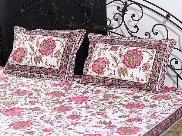 Exotic India Cloud-Cream Mughal Bold Floral Vine Motif Gold Outline Print Queen Size Bedsheet With Two Pillow Cover 