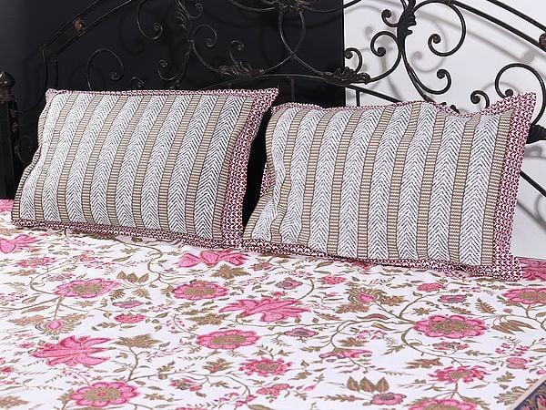 Exotic India Cloud-Cream Mughal Bold Floral Vine Motif Gold Outline Print Queen Size Bedsheet With Two Pillow Cover 
