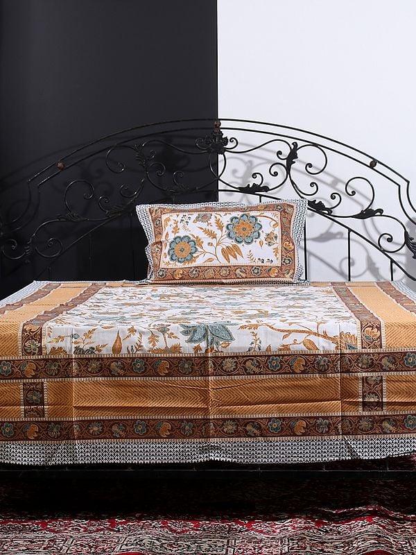 Exotic India Cloud-Cream Mughal Bold Floral Vine Motif Gold Outline Print Single Size Bedsheet With One Pillow Cover 