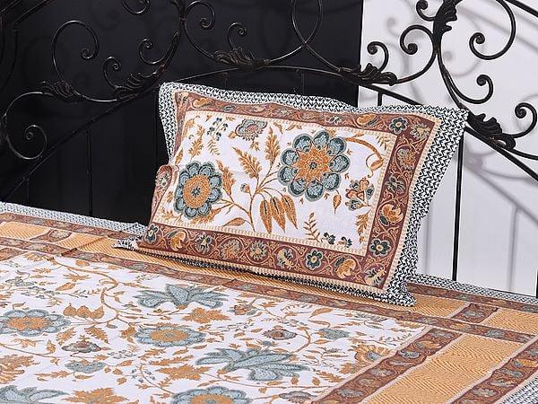 Exotic India Cloud-Cream Mughal Bold Floral Vine Motif Gold Outline Print Single Size Bedsheet With One Pillow Cover 