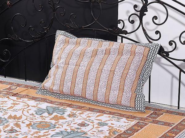 Exotic India Cloud-Cream Mughal Bold Floral Vine Motif Gold Outline Print Single Size Bedsheet With One Pillow Cover 