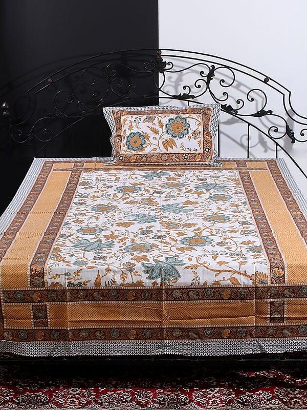 exotic india Cloud-Cream Mughal Bold Floral Vine Motif Gold Outline Print Single Size Bedsheet with One Pillow Cover